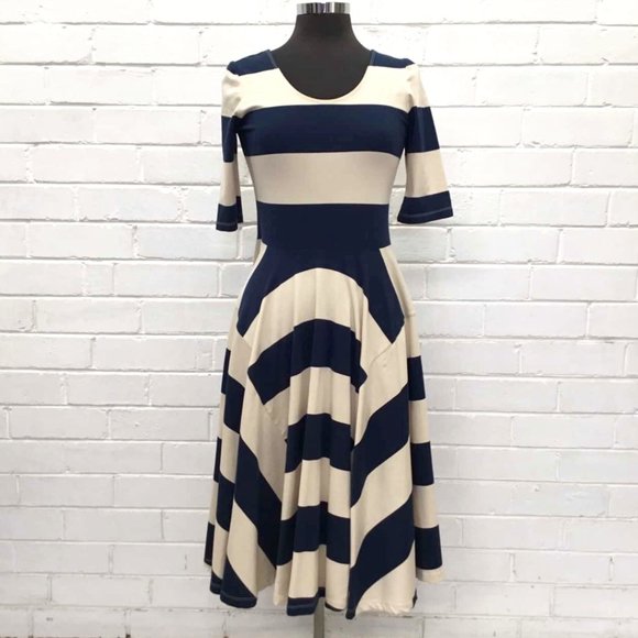 GORMAN Cotton Taylor Swift Navy Cream Parisian Stripe Fit and Flare Midi Dress - Picture 6 of 9
